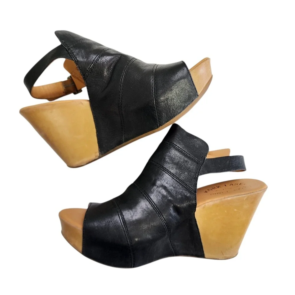 Kork Ease Womens Bergen Wedge Size 9 Black Open Toe Adjustable Strap Leather